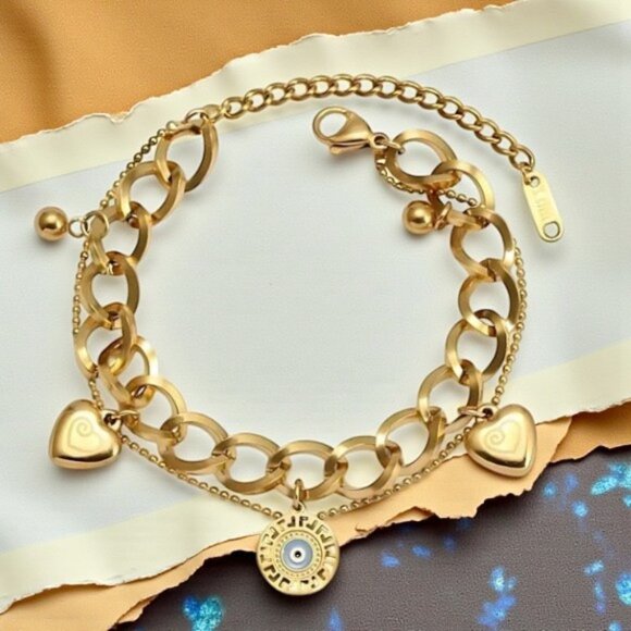 🆕️18K Gold Plated Stainless Steel Double Chain Bracelet Heart Evil Eye Charm 🌟 - Picture 1 of 11